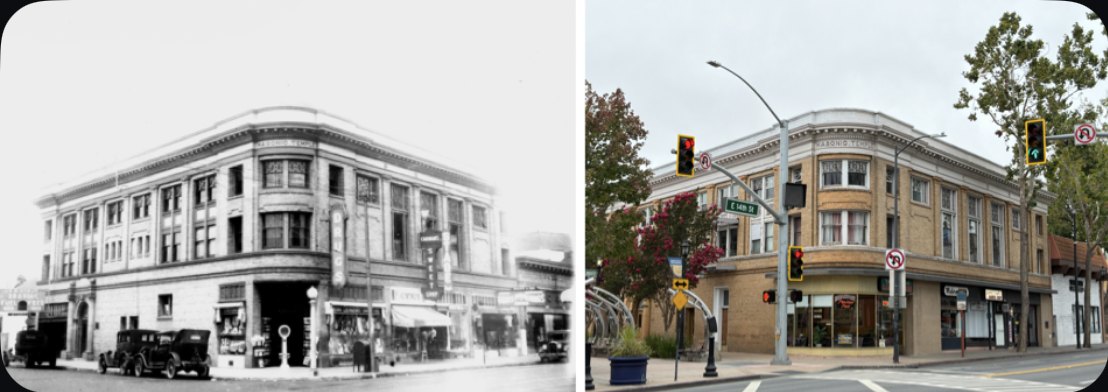 A then-and-now pair exported side by side: the 1924 corner building on the left, the same corner today on the right.