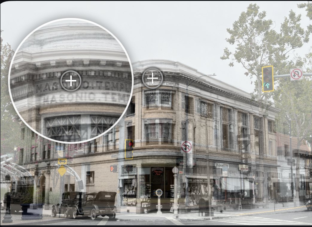 The historic photo blended over today's view of the same building.