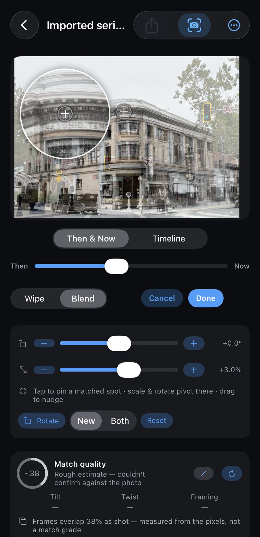 The adjust screen: nudge, rotate and scale controls under the pair.