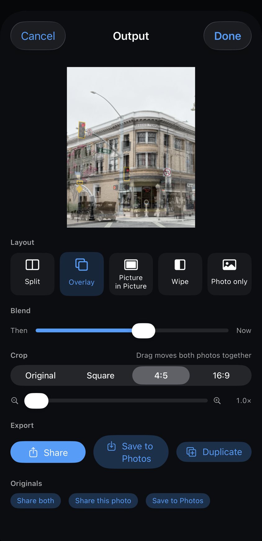 The output screen: the pair in a wipe layout with the crop and layout options underneath.